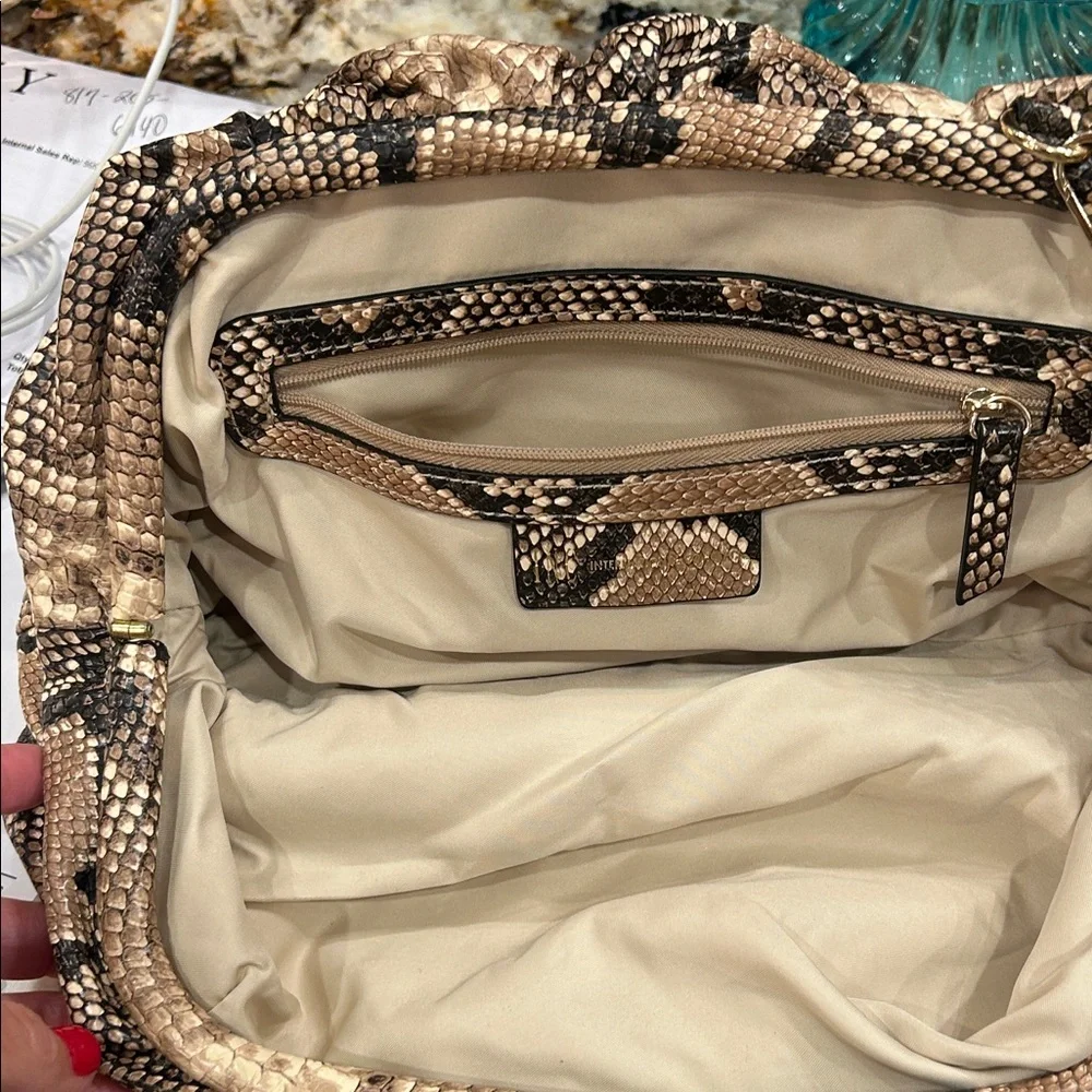 INC International Concepts Snake-Print Clutch in Brown and Black with Gold Chain
